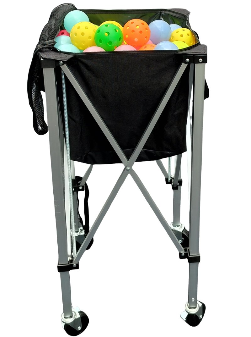 Portable tennis hopper for collecting products can hold 180 balls. The foldable tennis basket, pickleball basket, wheeled teaching vehicle, and the lightweight tennis ball carrier with wheels