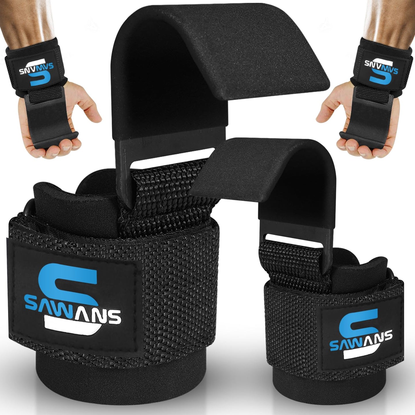 SAWANS Weight Lifting Hooks Heavy Duty Weight Lifting Straps Hand Grip Support Pull ups Deadlift Straps Padded Workout Gym Gloves Powerlifting Fitness Strength Training for Men and Women (Black)