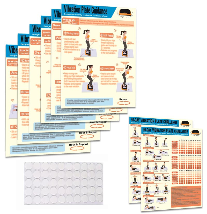 Whole Body Vibration Plate Exercise Poster Set - 6 Workout Guides & 2 Customizable 30-Day Plans for Home & Gym Use