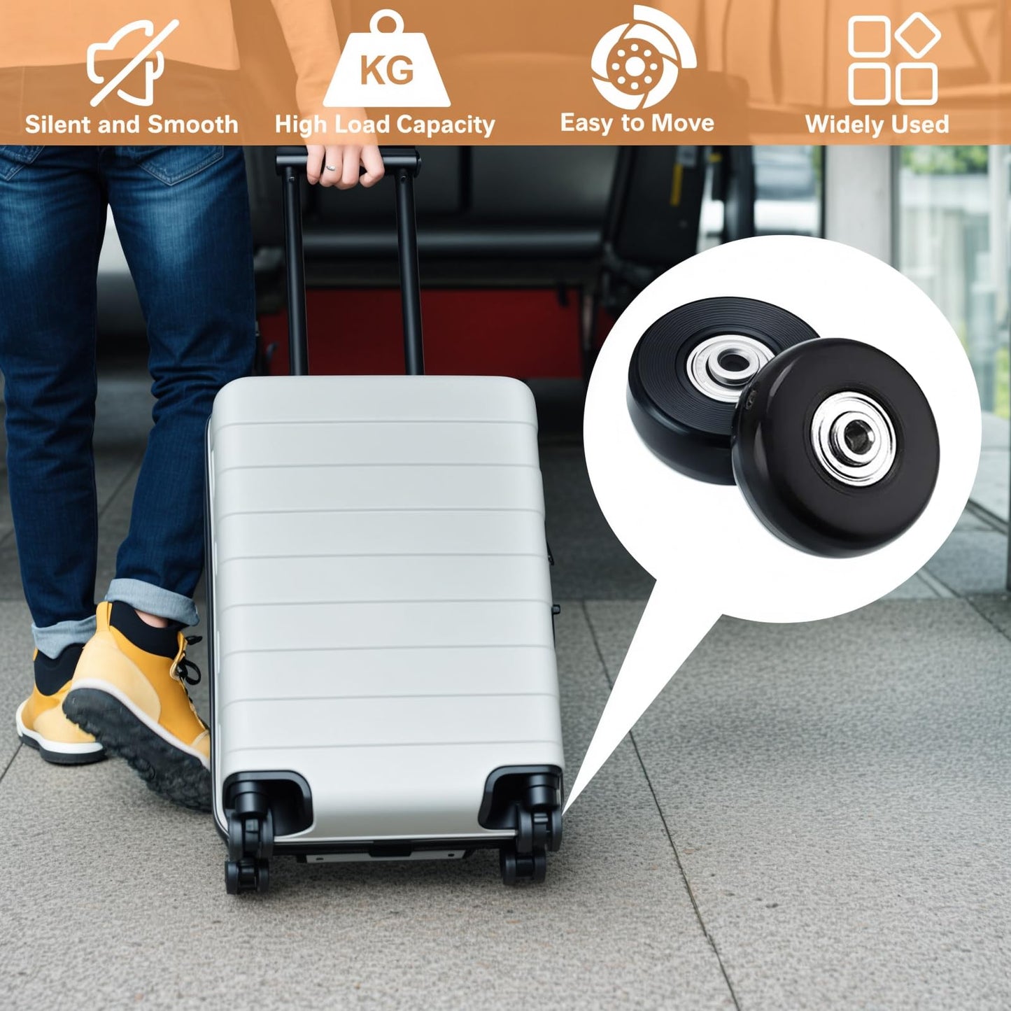 Set of 8 Luggage Suitcase Replacement Wheels, 50 x 18mm Rubber Swivel Caster Wheels Bearings Repair Kits, Wear-Resistant Mute Wheel Replacement Kit for Luggage Bags Travel Trolley Case