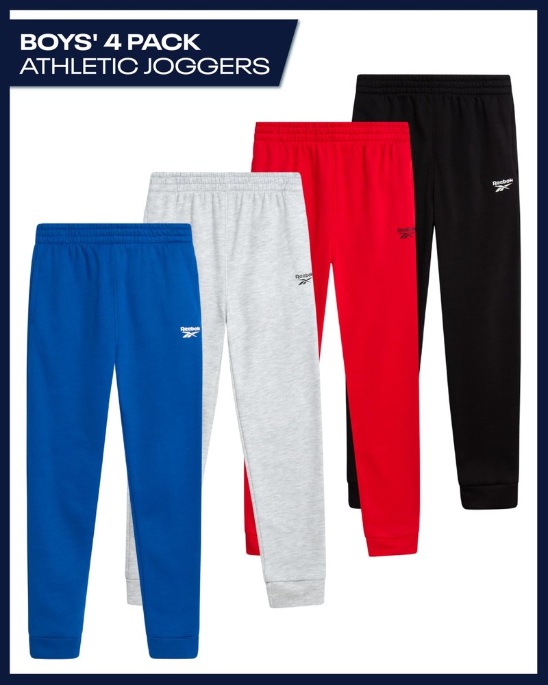 Reebok Boys Sweatpants - 4 Pack Soft Performance Fleece Boys Joggers Athletic Pants with Pockets for Gym Running and Workout, Size 10, Black/Red/Vector Blue/Light Grey