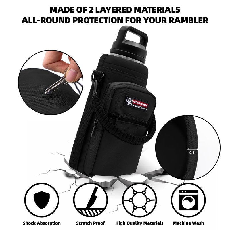 NATURE PIONEOR Water Bottle Holder with Adjustable Strap - 26/32/36/40/46/64oz Insulated Water Bottle Sling Carrier with Paracord Handle & 2 Pockets, Outdoor Sports, Hiking, Camping, Gym