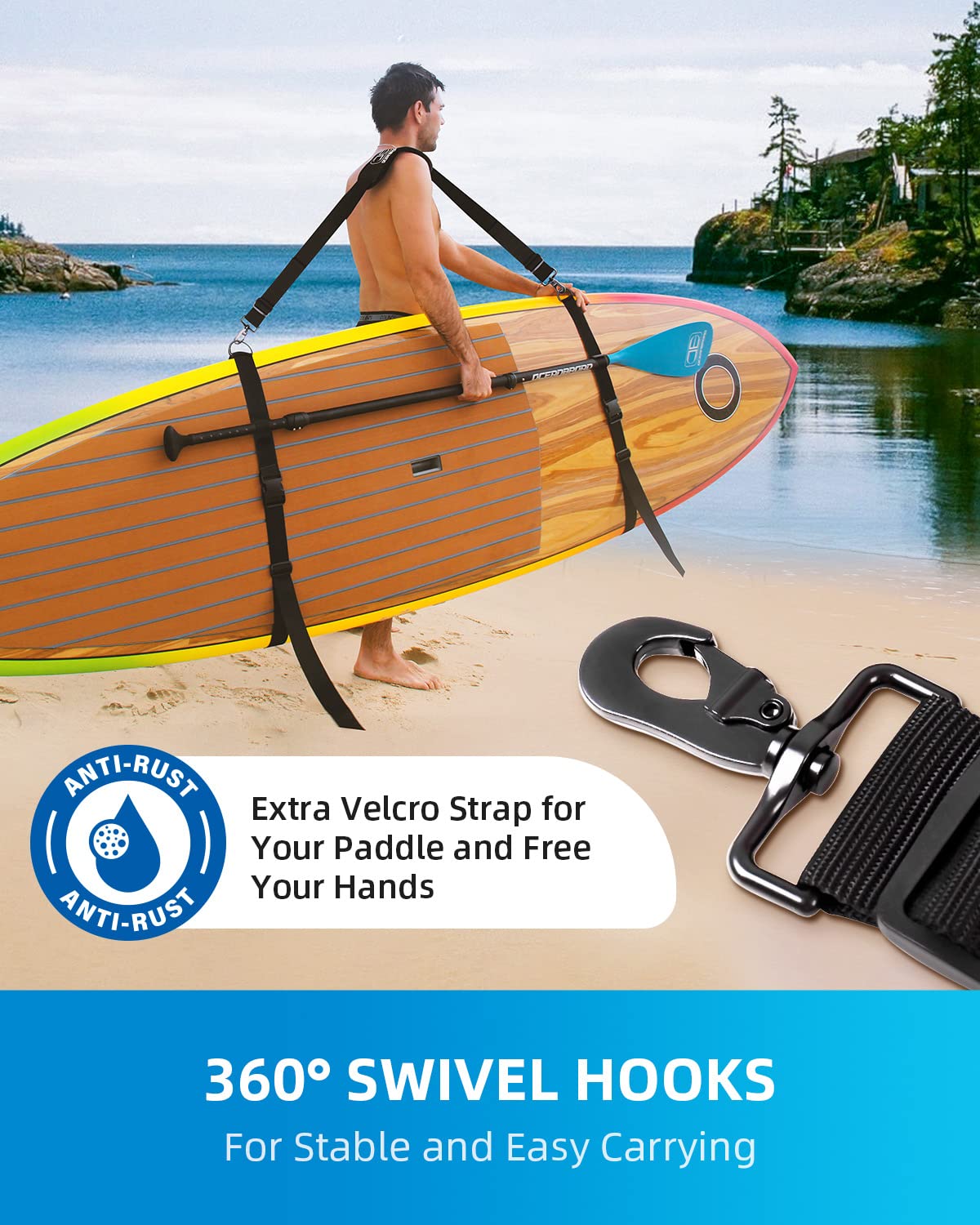 OCEANBROAD Adjustable Shoulder Carry Strap with Clips for SUP Kayak