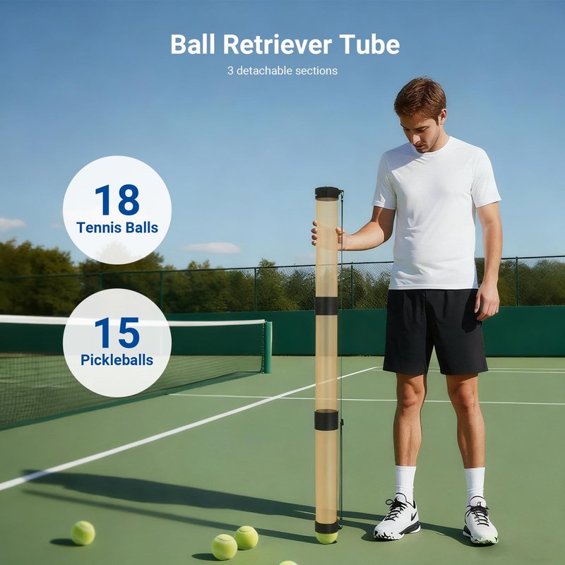 NEEWER Ball Retriever Tube Hopper for 18 Tennis Balls & 15 Pickleballs, Detachable 3 Section No Bending Pickup Picker Upper Collector with Stopper & Shoulder Strap, Orange, TB02Z