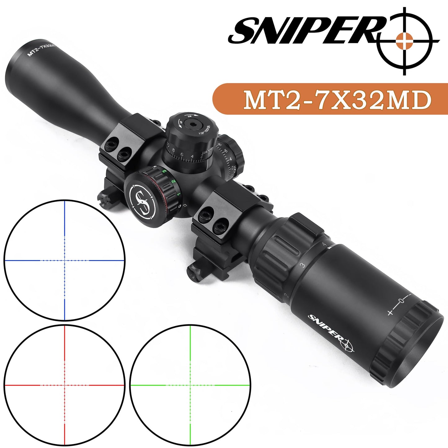 Rifle Scope 2-7X32 Rimfire Mildot 1-inch Tube Rifle scopes Illumination in Red, Green, for Hunting