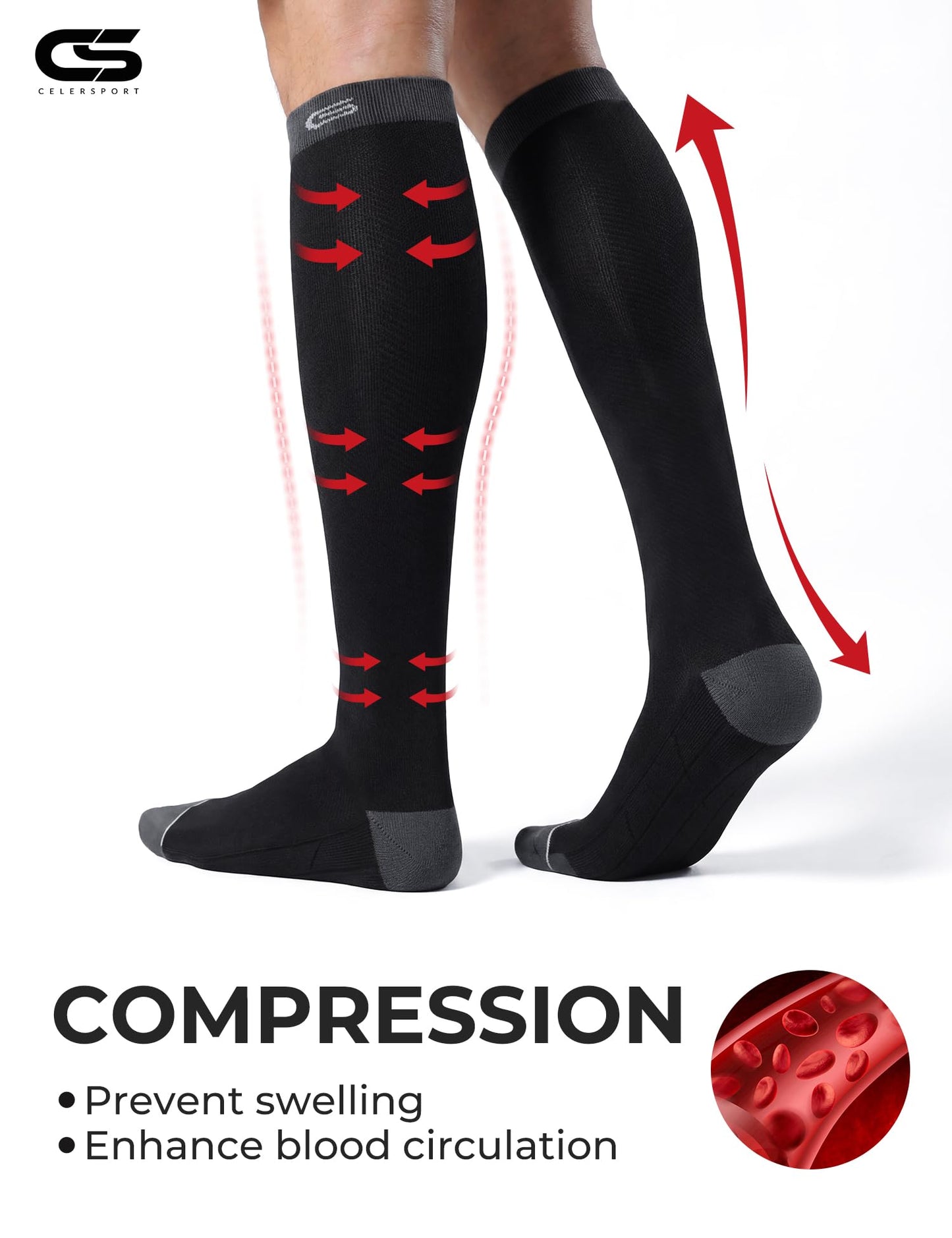 CS CELERSPORT Compression Socks for Men and Women 20-30mmHg Circulation Socks 3 Pairs for Running, Travel, Shin Splints, Nurse, Black,Small/Medium