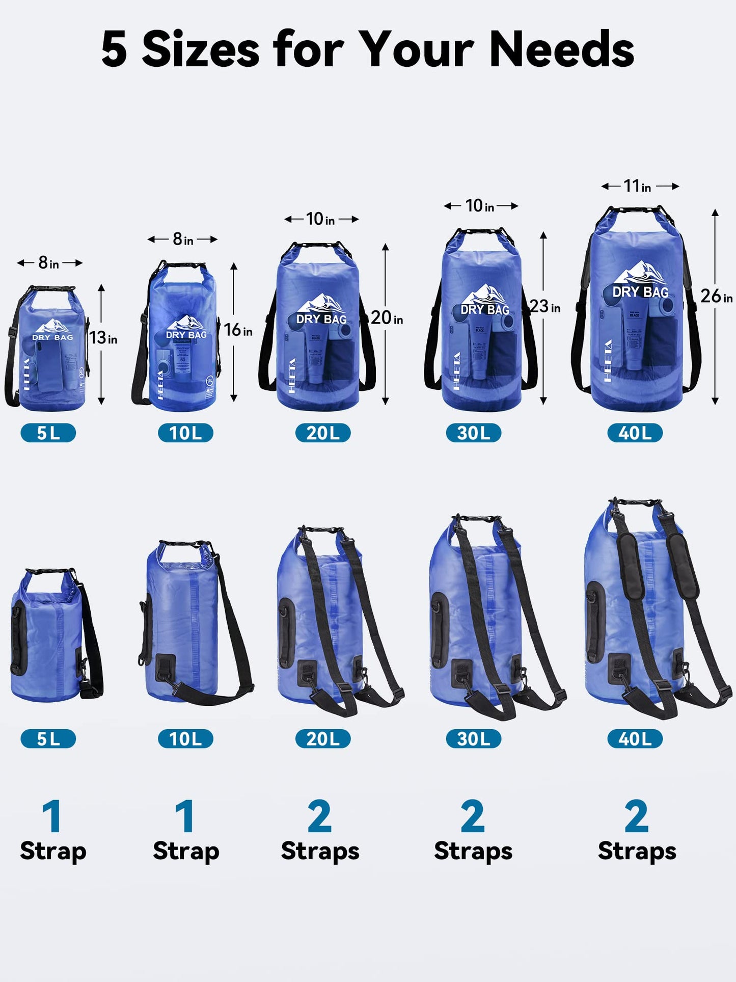 HEETA Dry Bag Waterproof for Women Men, Roll Top Lightweight Dry Storage Bag Backpack with Phone Case for Travel Swimming Boating Kayaking Paddle Board Camping Beach Accessories (Bluish Violet, 40L)