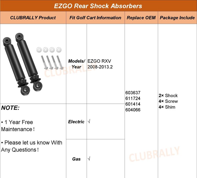 CLUBRALLY Golf Cart Rear Shock Absorbers, RXV Rear Shocks for 2008-2013 EZGO RXV, OEM#603637, 611724