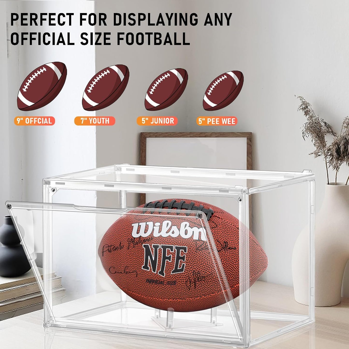Football Display Case - 3 Pack Clear Acrylic Holder with Magnetic Door | Full Size, Dust & UV Protection