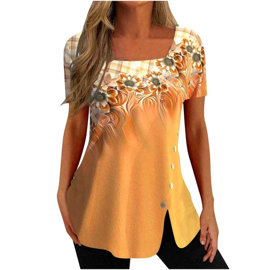 my recent orders placed by me Square Neck Tops for Women Dressy Tunic Tshirt Retro Floral Graphic Tee Summer Fashion Ladies Blouse Short Sleeve Split Shirt Plus Size Aesthetic Cotton Tee Casua