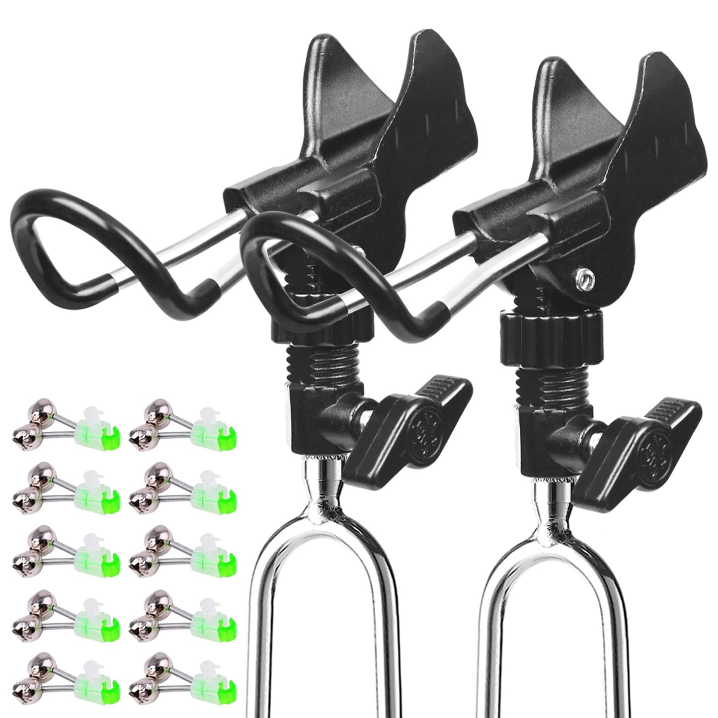 2 Pack Aluminum Bank Fishing Rod Holder with 10 Fishing Bells