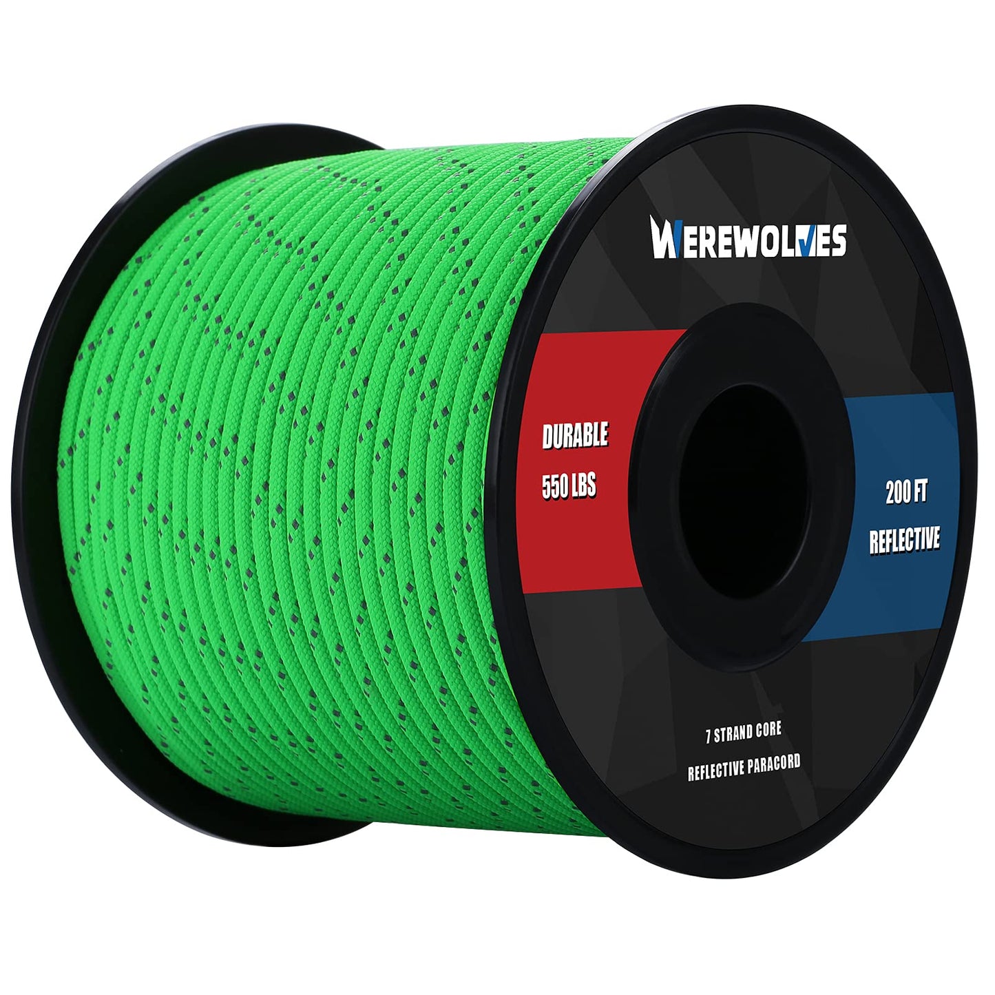 WEREWOLVES Reflective 550&176 lb Paracord - Nylon, Rope Roller,7&3 Strand Utility Parachute Cord for Camping Tent, Outdoor Packaging