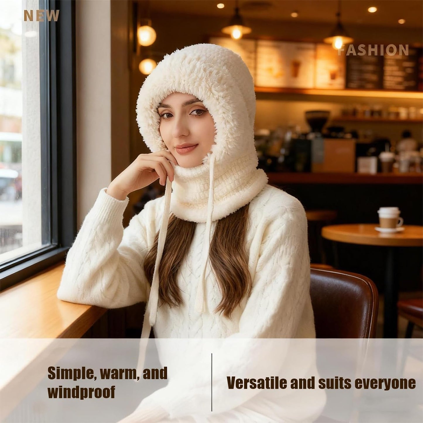3 in 1 Beanie Hat with Scarf and Mask, Womens Balaclava Winter, Warm Knitted BeanieHat Fleece Scarf Mask Beige(Black)