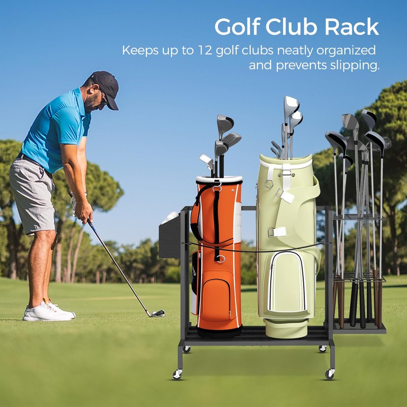 MAHANCRIS Golf Bag Organizer for Garage, Golf Bag Storage Stand Fits 2 Golf Bags, Freestanding Golf Club Holder for Garage, Shed, Home, Basement, Other Golfing Equipment Accessories, Black BEBK17501
