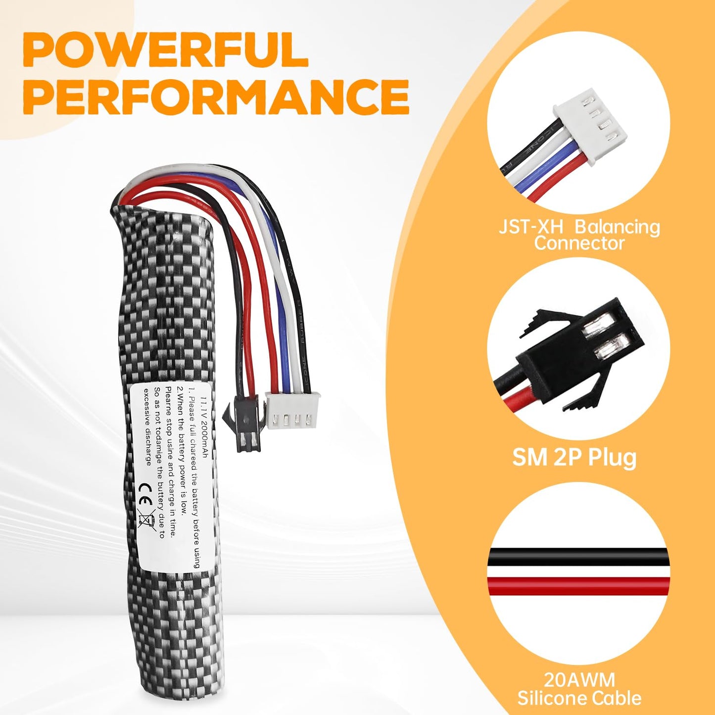 Fytoo 3S 11.1V 2000mAh Li-ion Battery SM-2P Plug Connector with USB Charging Cable for Airsoft Gel Water Ball Blaster Airsoft Gel Ball Shockwave Battery