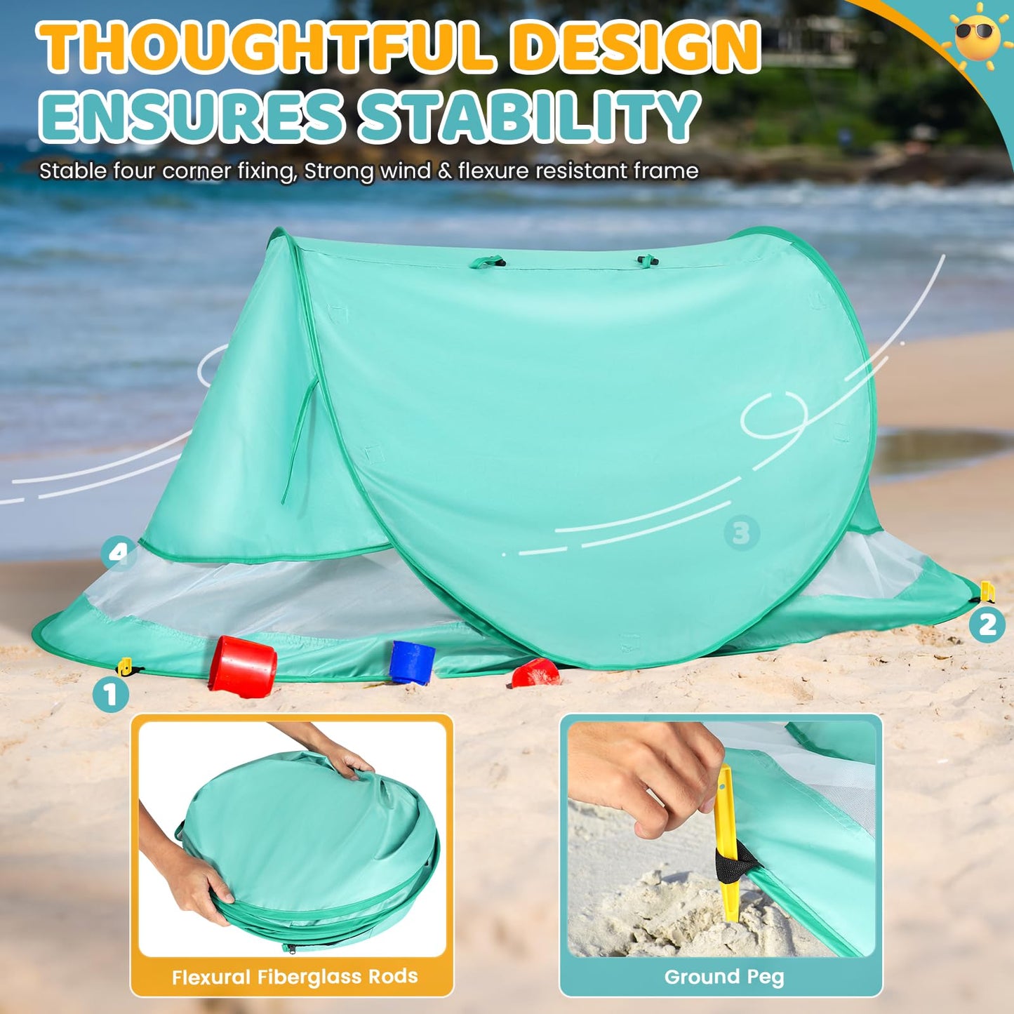 Orzbow Baby Beach Tent, Large Pop Up Beach Tent Sun Shelter with Mosquito Net, UPF 50+ UV Protection Sun Shelter, Portable with Carry Bag & 4 Stakes, Baby Summer Essentials for Boys and Girls, Green