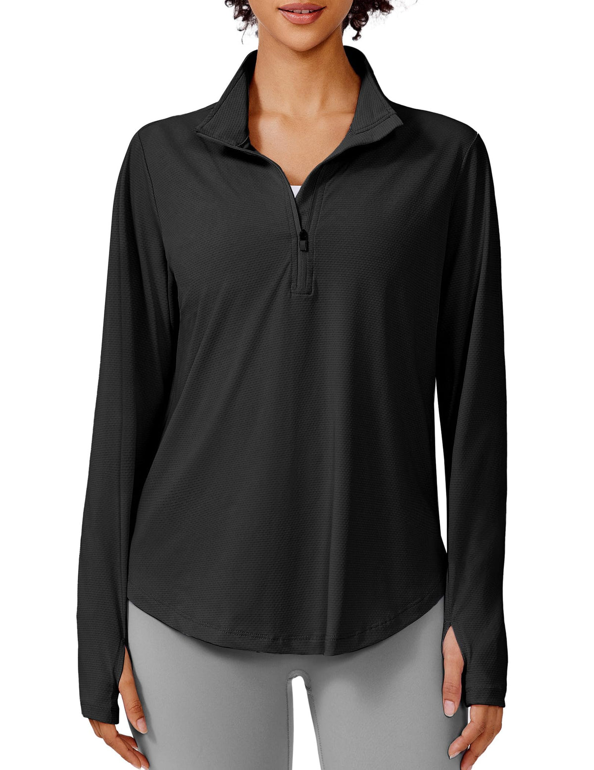 PINSPARK Womens UPF 50+ Sun Shirts Quick Dry Quarter Zip Pullover Long Sleeve Workout Running Golf Beach Tops Loose Fit,Black M