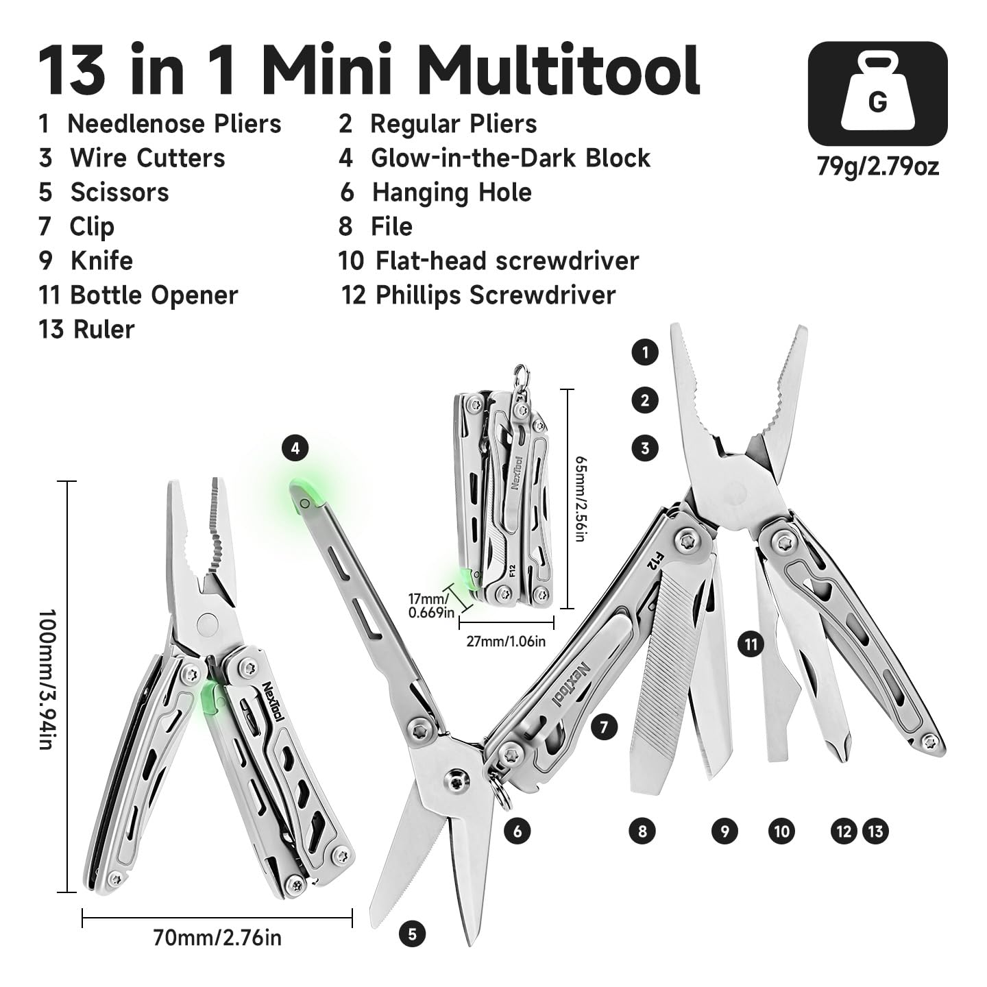 NexTool F12 Mini Multitool, 13-in-1 Keychain Multitool with Serrated Scissors, File and Safety Lock, Upgraded 80Cr14Mov Steel Multi Tool for EDC, Outdoor Adventures and DIY, Gifts for Men
