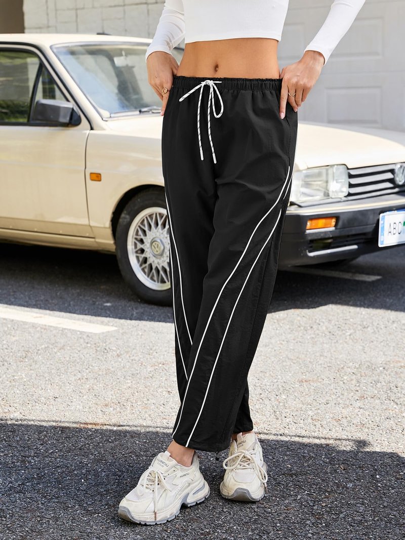 aswulk Womens Wide Leg Track Pants Drawstring High Rise Striped Elastic Waist Baggy Pants Black L