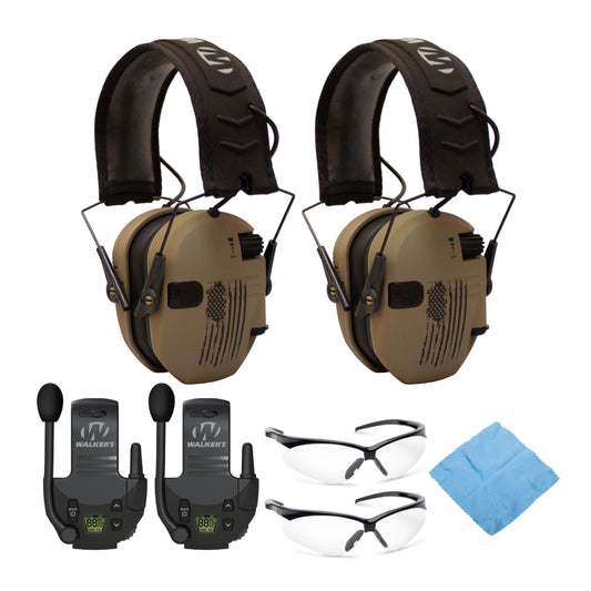 Walker's Razor Slim Electronic Shooting Hearing Protection Muff (American Flag Distressed, Tan, 2-Pack) Bundle with Walkie-Talkie Attachment (2-Pack), Glasses (2-Pack) and Cleaning Cloth (7 Items)