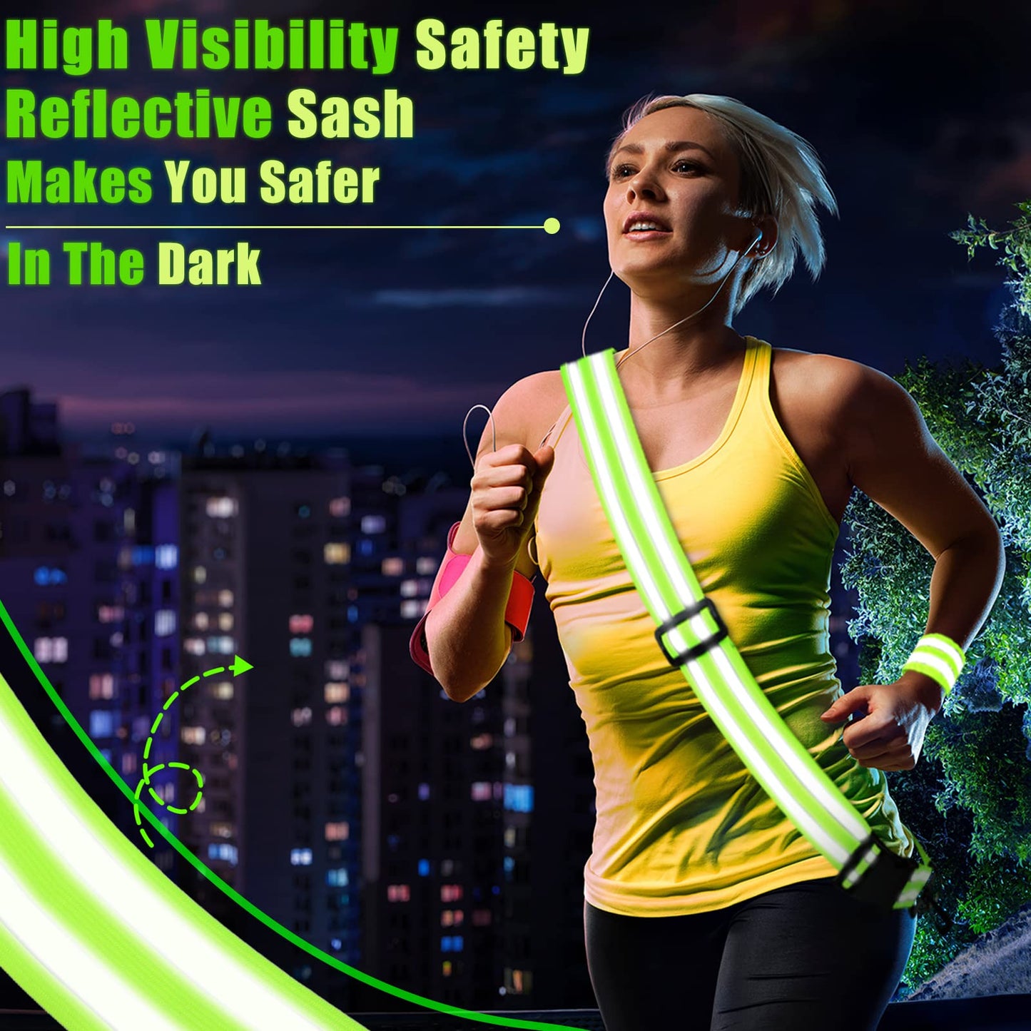 2 Pcs Reflective Sash with 4 Bands Adjustable Visibility Belt Safety Strap, Band for Wrist Arm Ankle Leg Substitute for Reflective Vest Reflective Running Gear (Fluorescent Green, Fluorescent Orange)