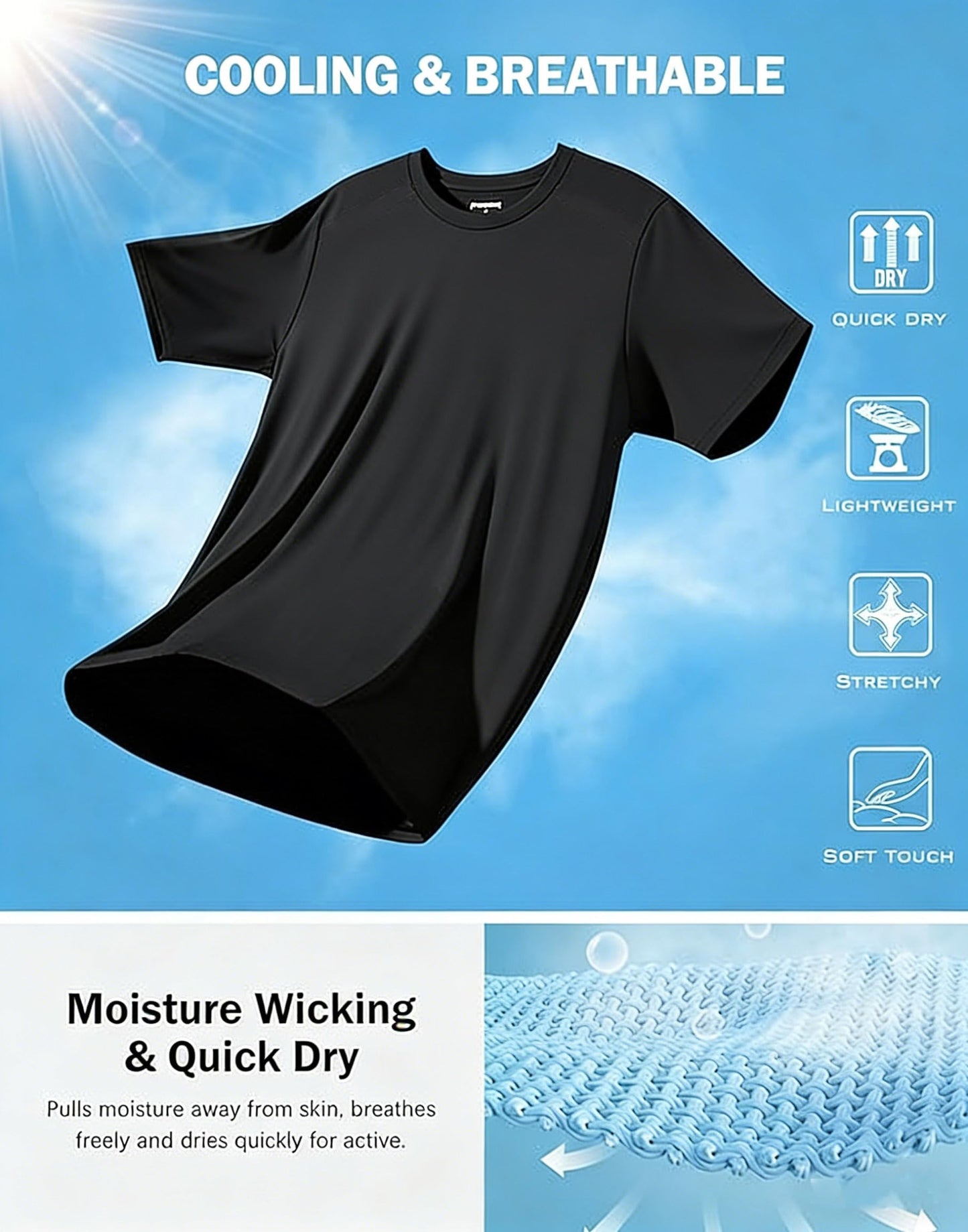 KINGFEN Men's Performance Sun Protective Shirt UPF 50+ Lightweight Quick Dry Rash Guards Moisture Wicking Outdoor Sports T-Shirt Black XXL