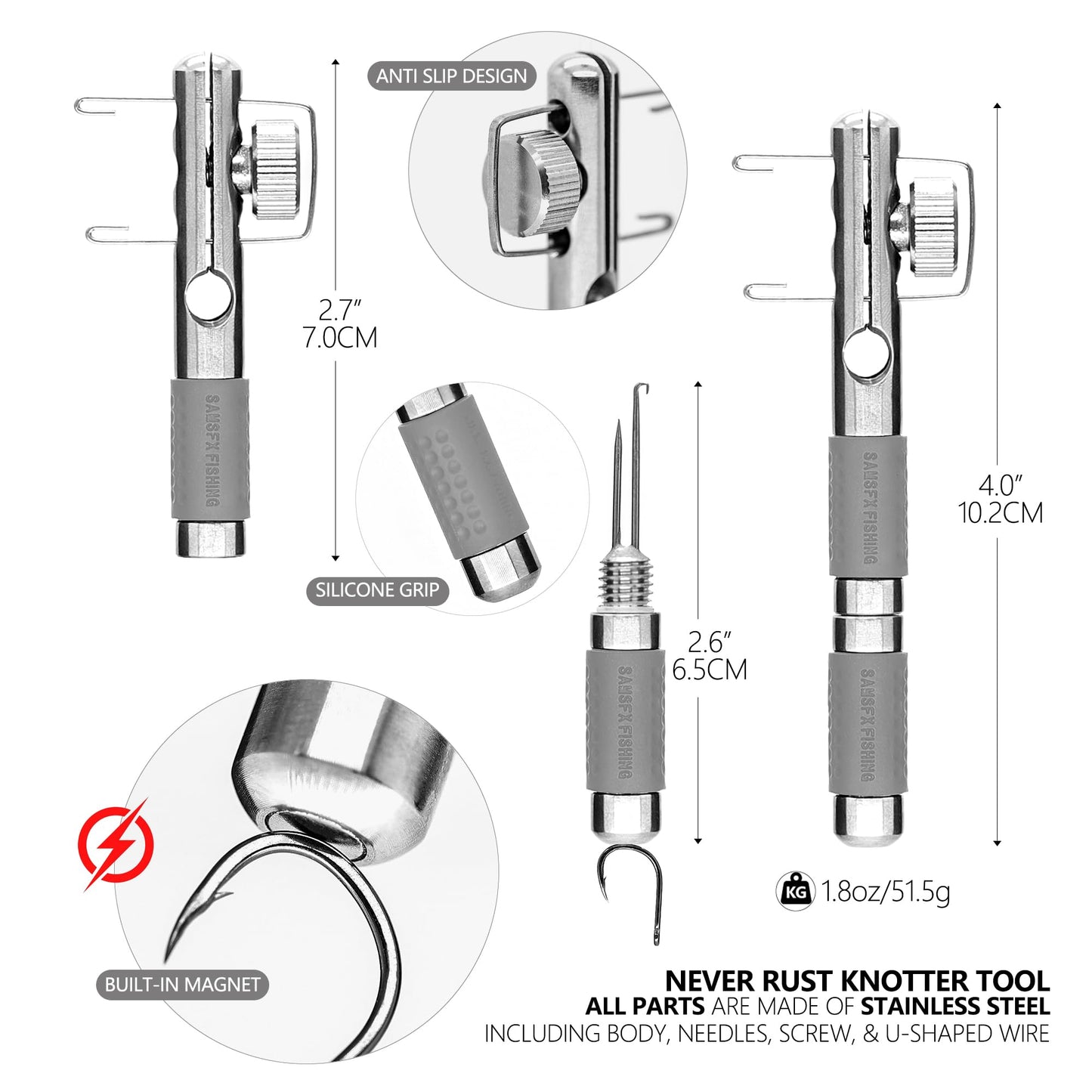 SAMSFX Fishing Stainless Steel Hook Tier, Knot Tying Tool, Loop Tyer, Hook Remover and Zinger Retractors Combo (Hook Tier with Black Grip)