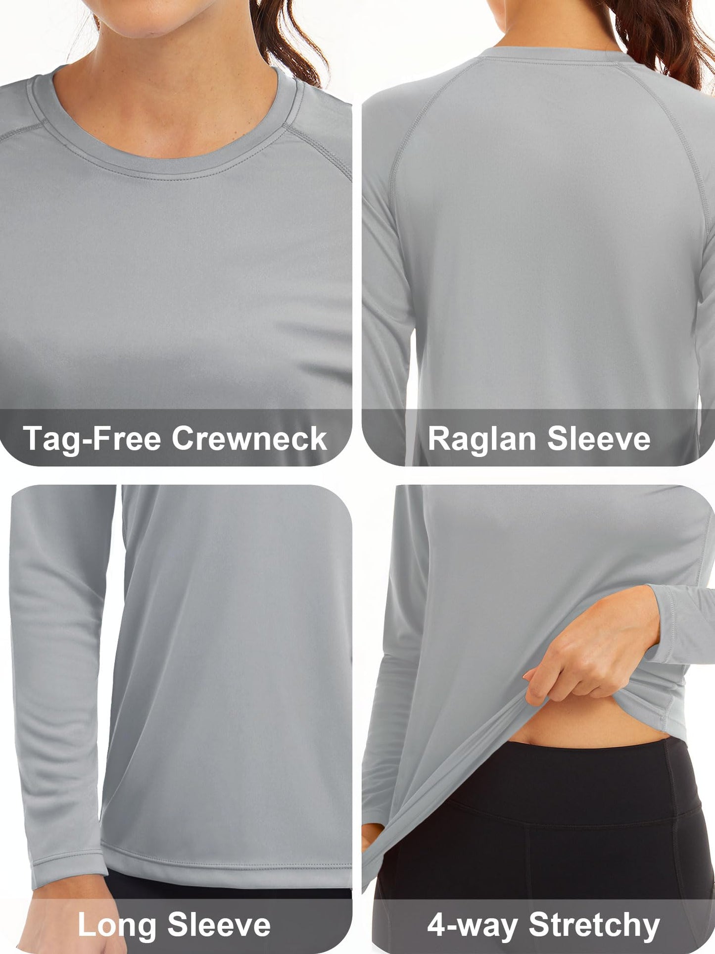 MAGCOMSEN Rash Guard Swim Shirts for Women Quick Dry Shirts Hiking Shirts for Women Long Sleeve UV Protection Shirts UPF 50+ Running Shirts for Women Light Grey