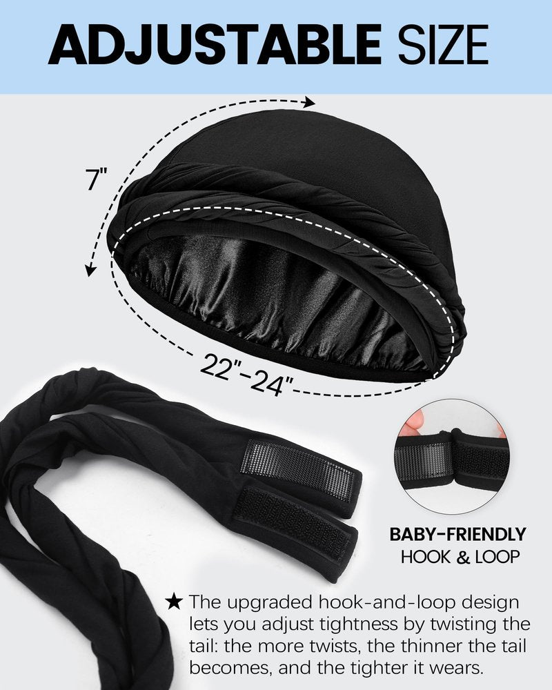 Ababalaya 4PCS Adjustable Satin Lined Halo Turban Durag for Men &Women, Sleeping Bonnet, Beanie Hats, PRE-Tied Headwraps for Hair Loss