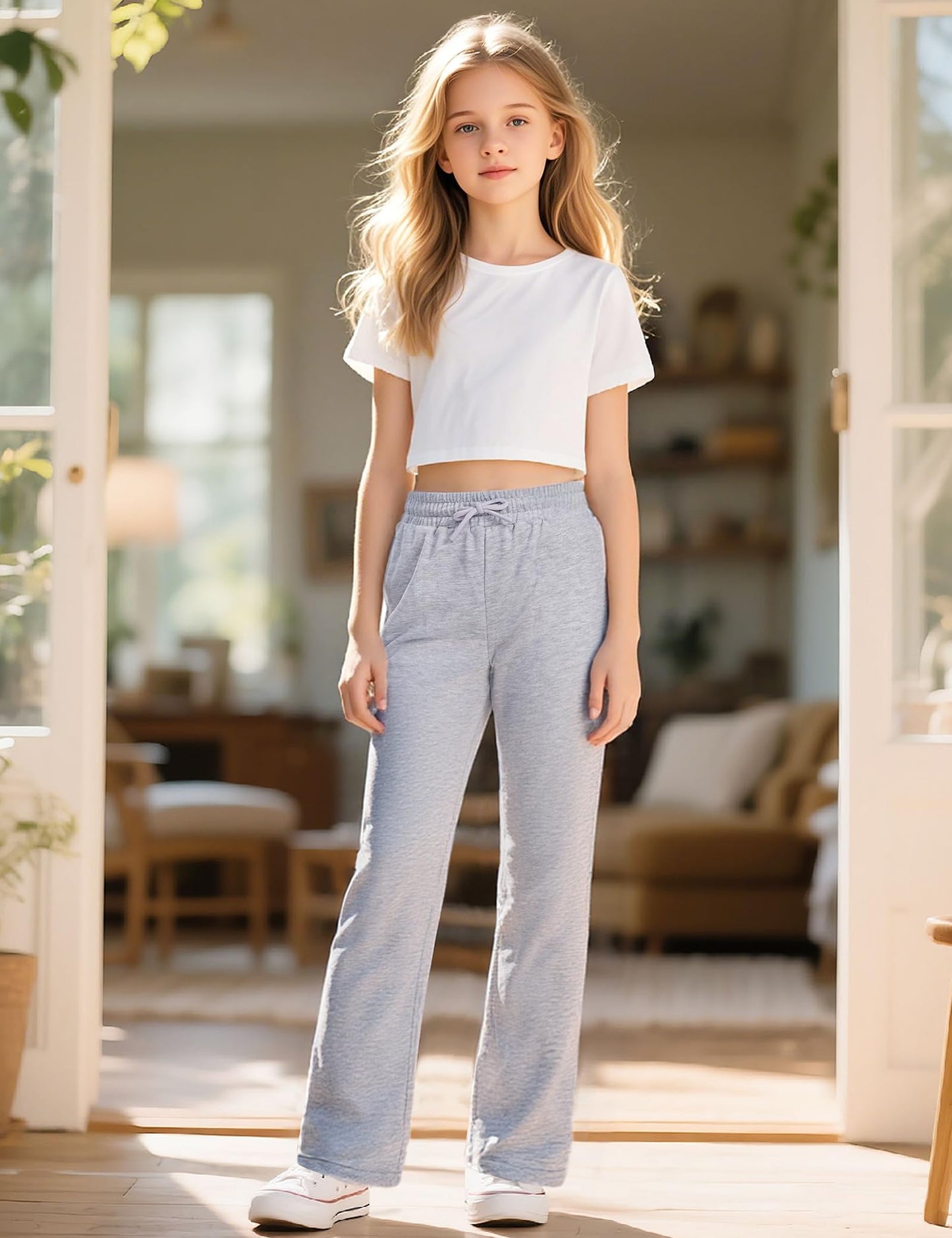 NUMYEAN Girls Sweatpants Straight Leg French Terry Joggers Baggy Sweatpants for Teen Girls Size 11-12Y Light Gray