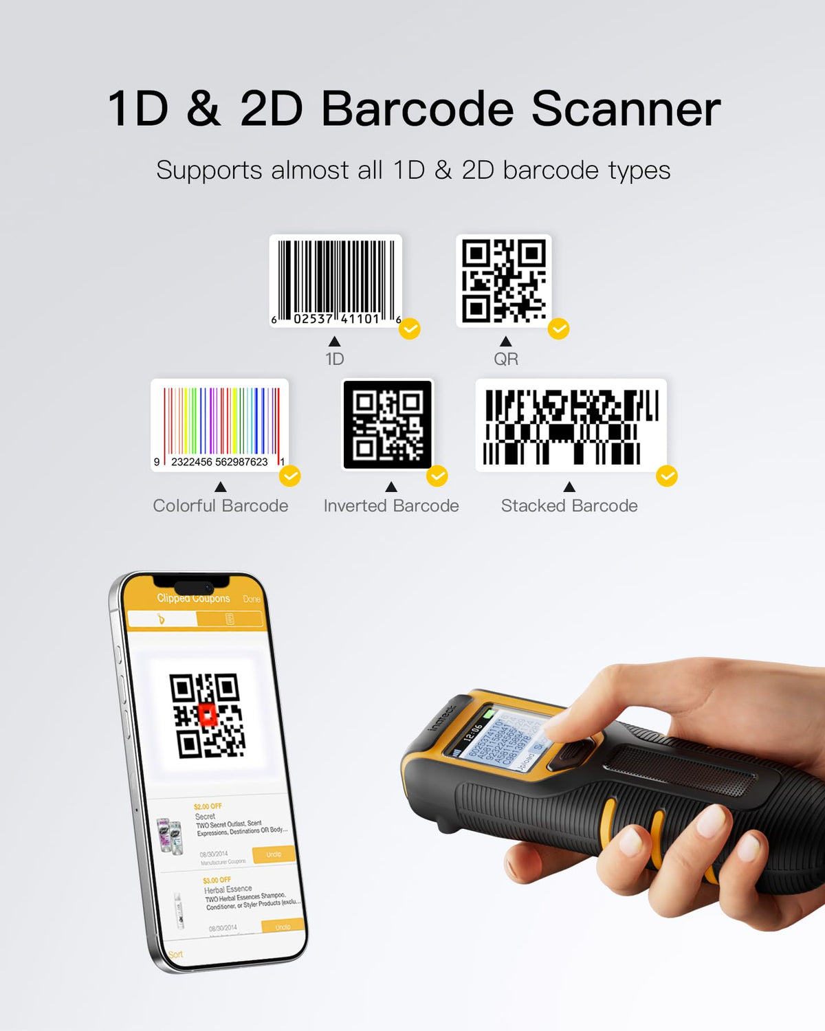 Inateck 2D Barcode Scanner Wireless, Mini Bluetooth Code Reader with Screen