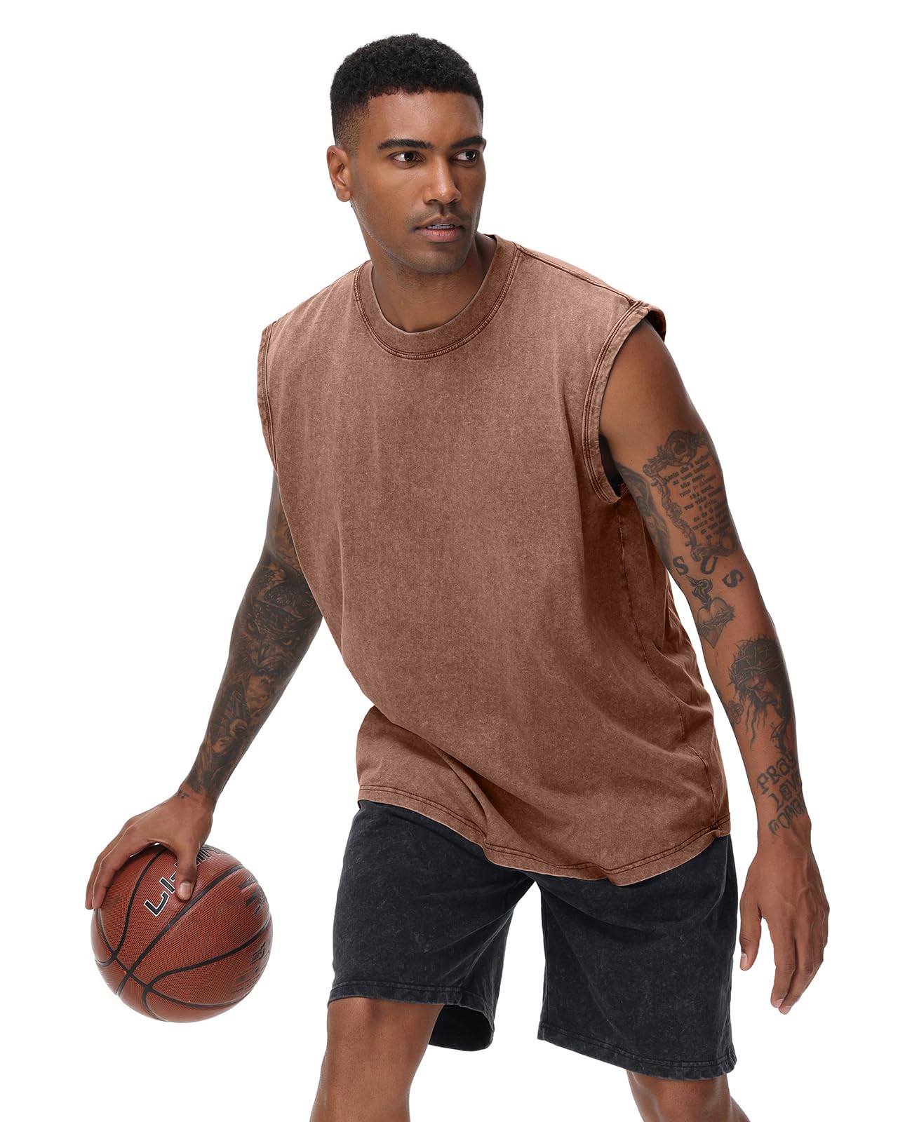 SnowElve 4 Pack Mens Workout Tank Tops Sleeveless Tee Shirts Men Muscle Shirt Gym Acid Wash T Shirts Running Beach Loose Fit Tee(BKAGCFBG,XL)