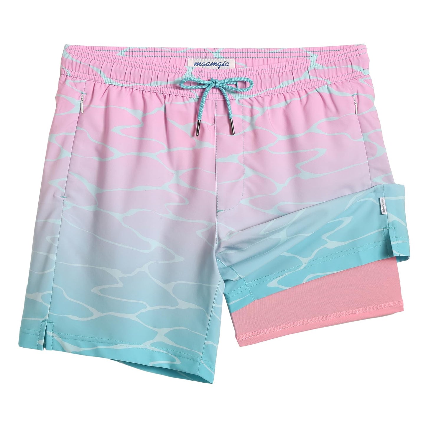 maamgic 2 in 1 Mens Swim Trunks 7 Inch Swim Shorts Swim Suits Board Shorts Gradient Water Ripple-Pink Blue Large