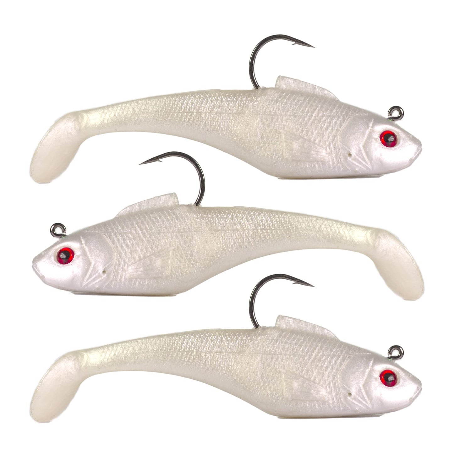 DMSHARK Pre-Rigged Jig Head Paddle Tail Fishing Lures Swim Shad 3PCS 4" 1oz Soft Plastic Swimbait for Freshwater and Saltwater (Pearl RED Eye)