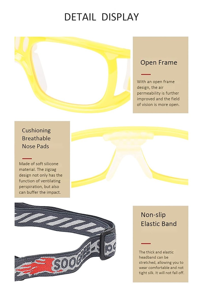 SooGree Professional Sports Goggles Glasses Men Women Racquetball Basketball Football Sport Eyewear Protective Glasses Anti-fog Shock Collision Lens Replaceable (Yellow Frame White Pad) 8068