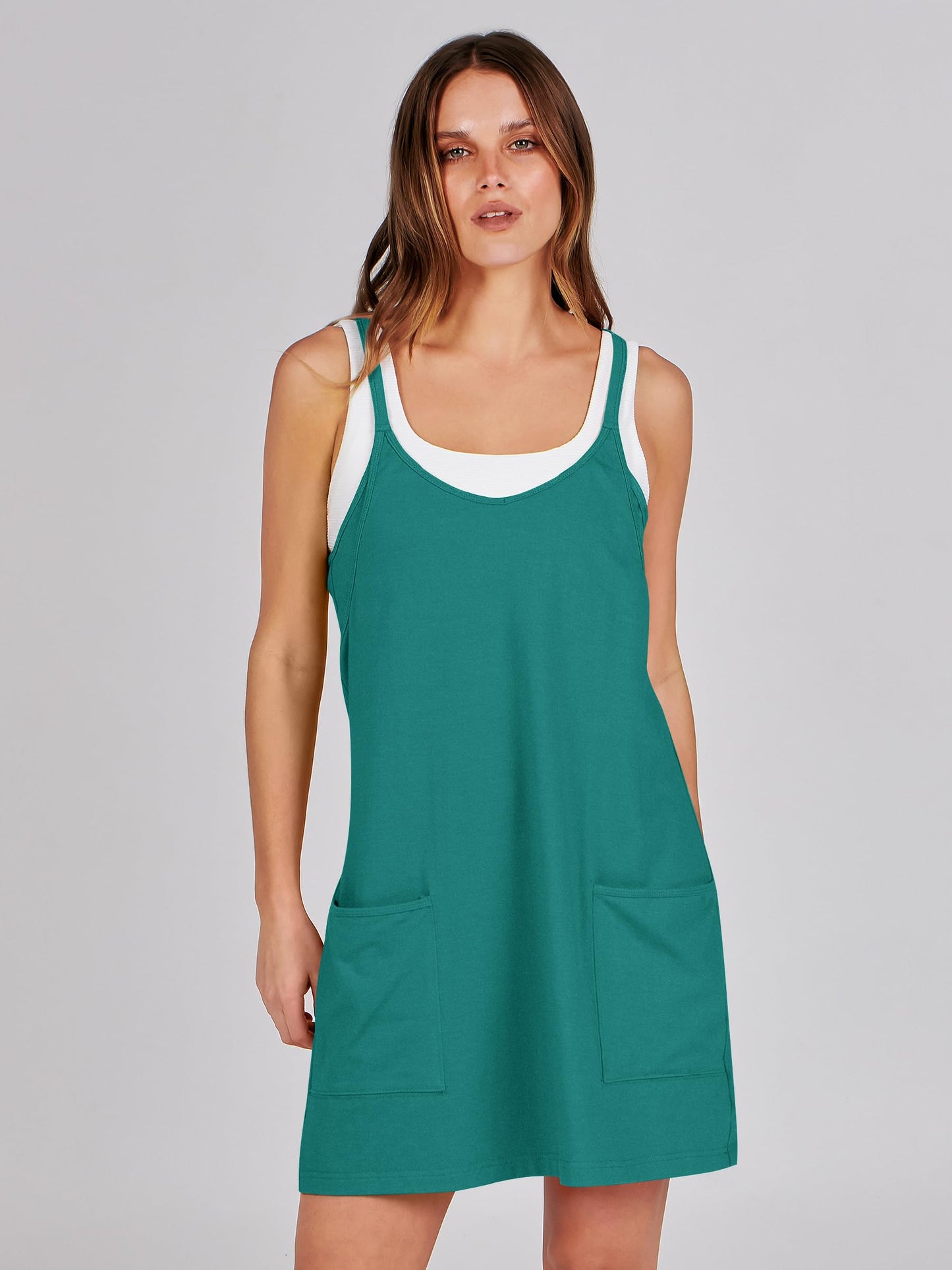 ANRABESS Women Athletic Dress Summer Tennis Workout Active Sports Mini Romper Dress Built in Shorts Travel Vacation Clothes Teal Large