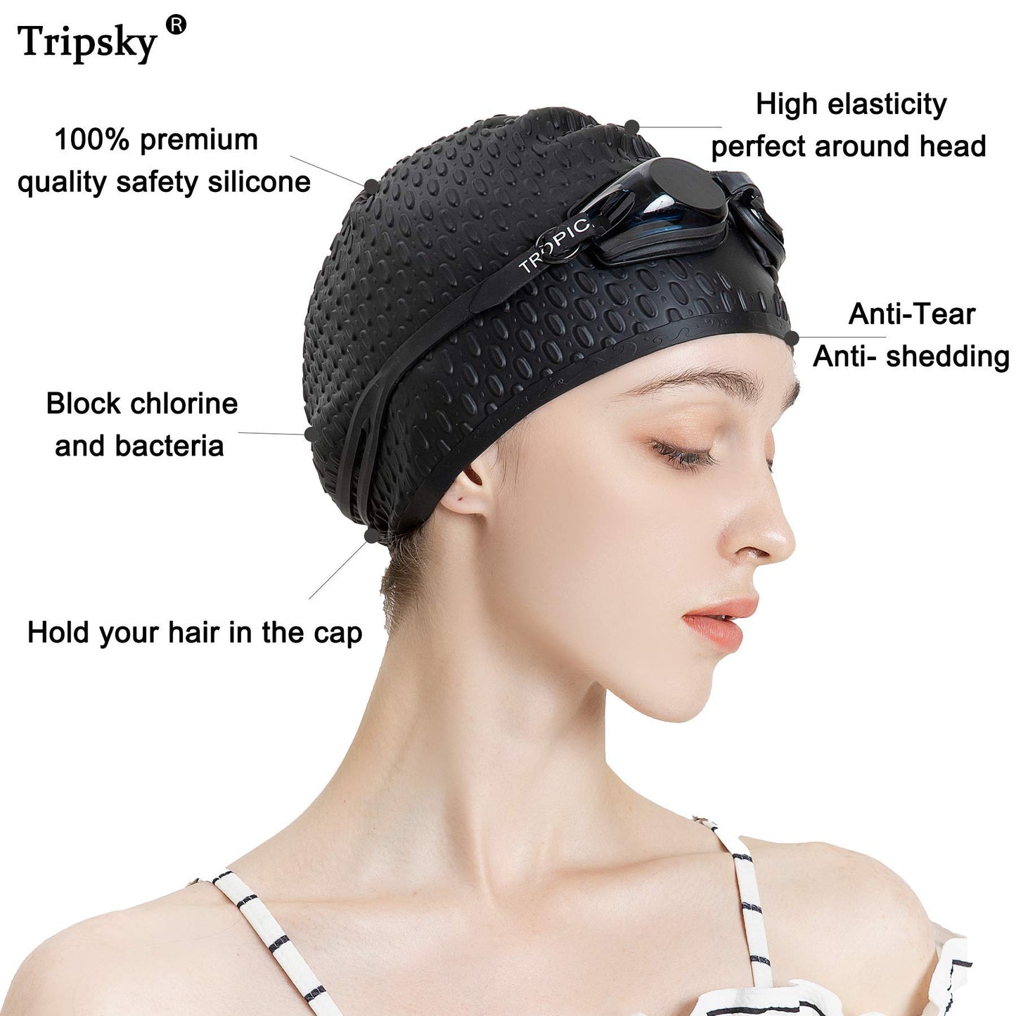 Tripsky Silicone Swim Cap,Comfortable Bathing Cap Ideal for Curly Short Medium Long Hair, Swimming Cap for Women and Men, Shower Caps Keep Hairstyle Unchanged (Black)