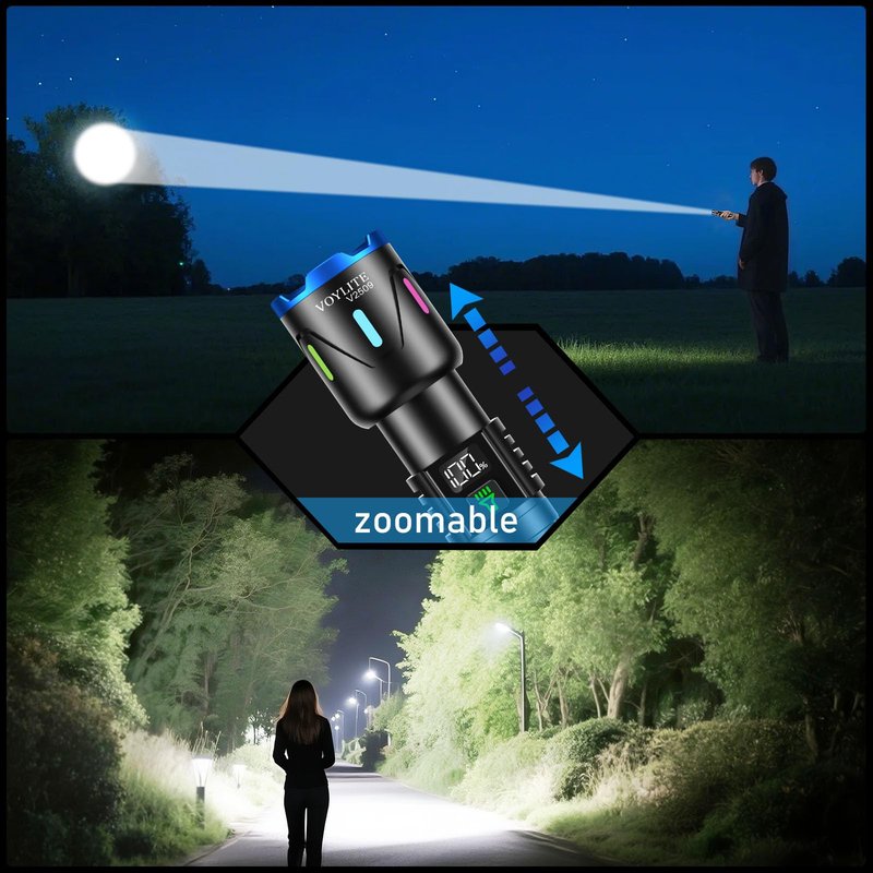 Voylite Flashlights High Lumens Rechargeable 5000mAh with LCD Power Display, Super Bright 100000 Lumen Flashlight, IPX7 Waterproof, 3 Modes & Zoomable (1500m), Belt Clip for Camping, Hiking, Emergency