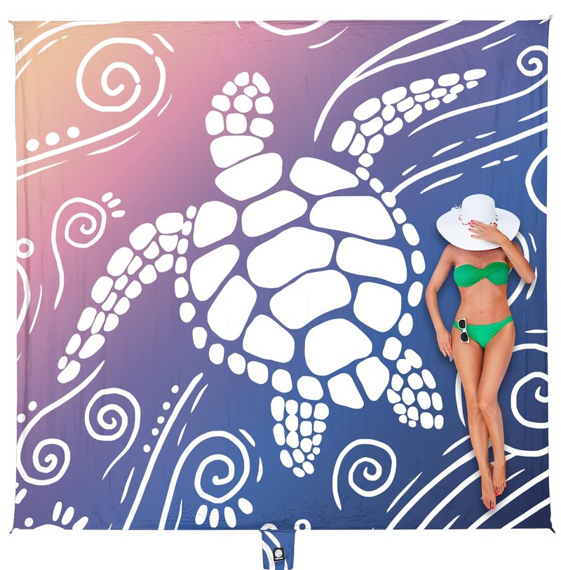 WEKAPO Beach Blanket Waterproof Sandproof Oversized Extra Large Sand Free Beach Mat with Stakes, Storage Bag - Essentials for Outdoor Beach, Picnic (Deep Blue Sea Turtle, 8 X 7 FT (1~4 Person))