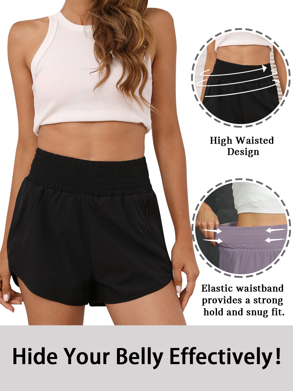 BMJL Women's Athletic Shorts High Waisted Running Short Pocket 2.5" Sporty Shorts Gym Elastic Workout Shorts(XS,Black)