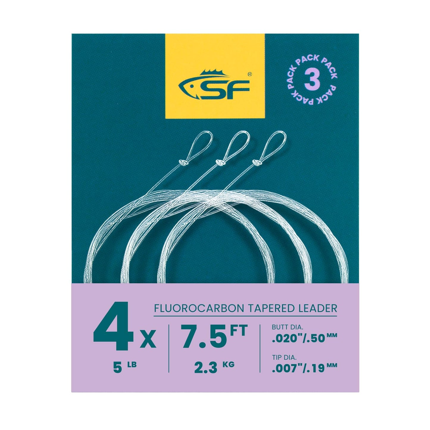 SF 3 Packs Pre-Tied Loop Fly Fishing Tapered Leader Fluorocarbon 7.5FT 4X