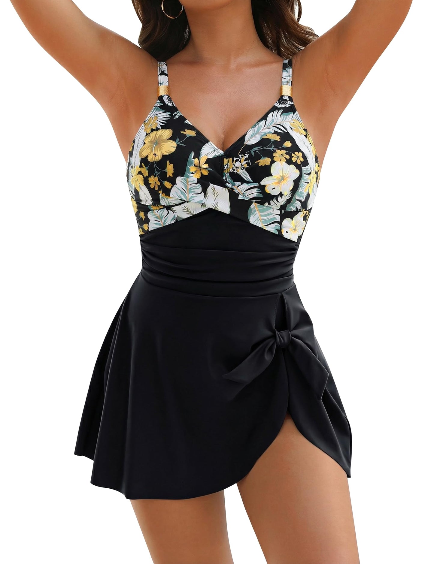 Blooming Jelly Women One Piece Tummy Control Bathing Suit M Black Tropical