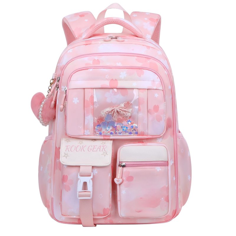 ROOK GEAR Backpack for Girls Kids Toddler, Cute Kawaii School Backpack with Glitter Design, Multi-Compartment Travel Bookbag for Kindergarten Elementary Daily Use (pink, Large)