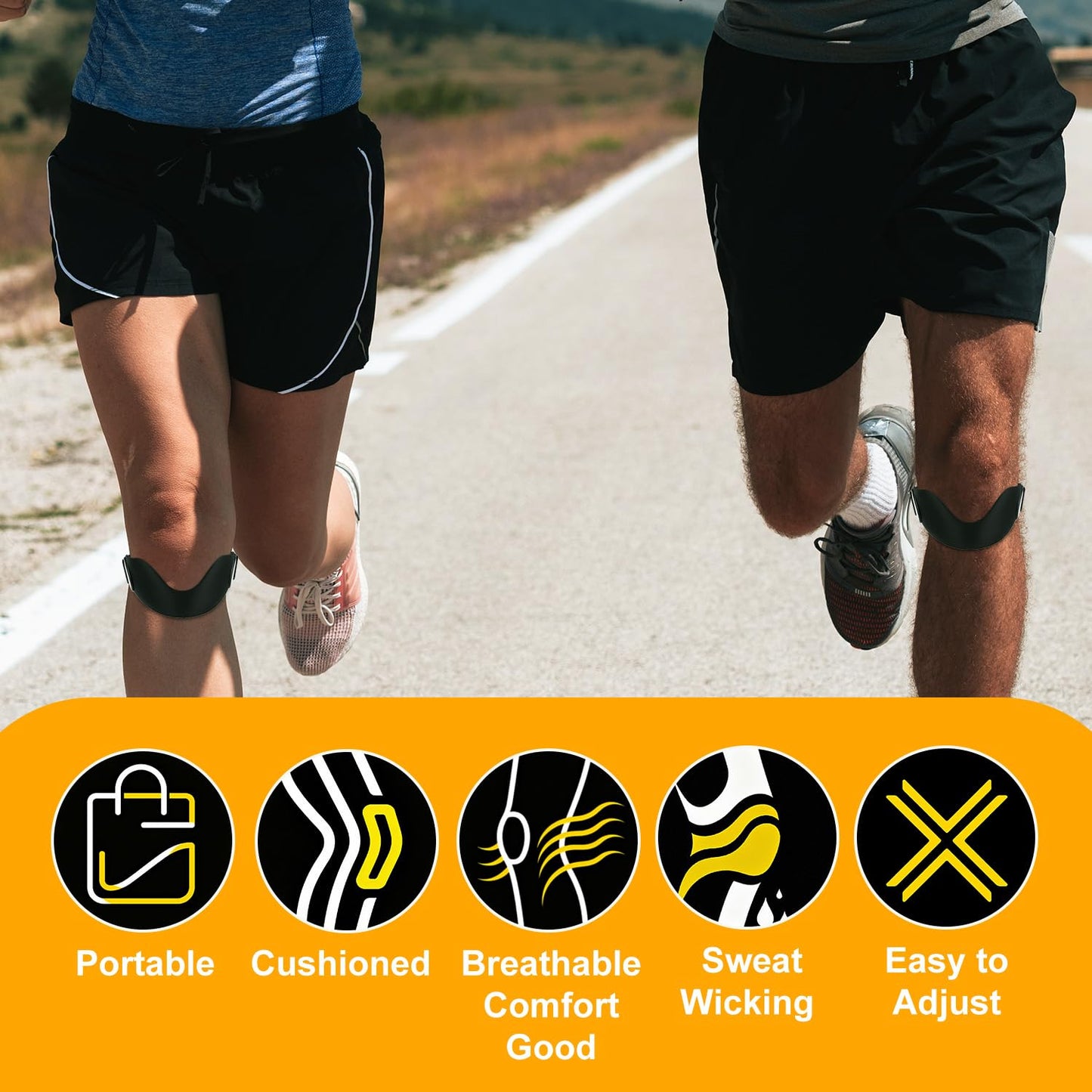Fukaisu 2pcs Patellar Tendon Support Strap, Black Silicone Adjustable Anti-Slip Ergonomic Knee Brace for Women Men, Patella Stabilizer Band for Running Football Basketball Hiking