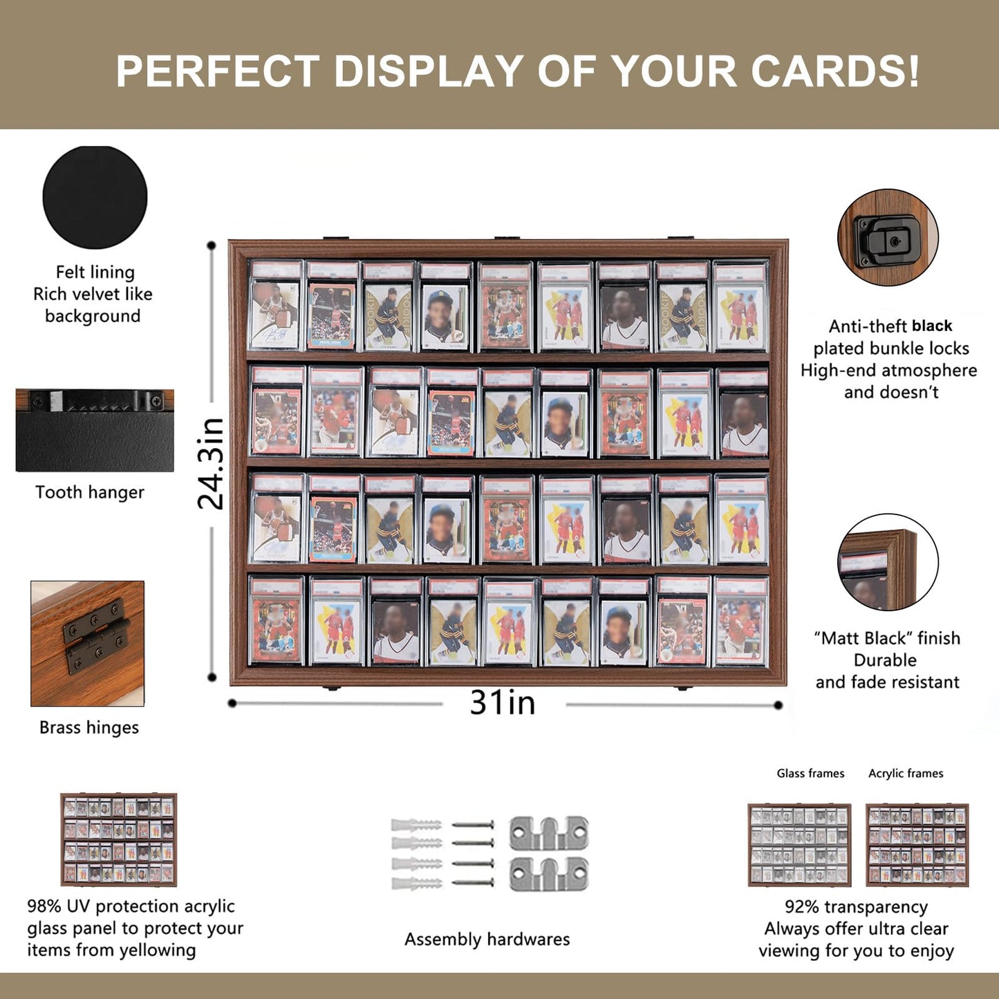 VERANI Baseball Card Display Case - 36 Graded Sports Card Display Frame - Holds Sport Cards with UV Protection Clear View Lockable Wall Cabinet for Football Basketball Hockey Trading Card, Walnut
