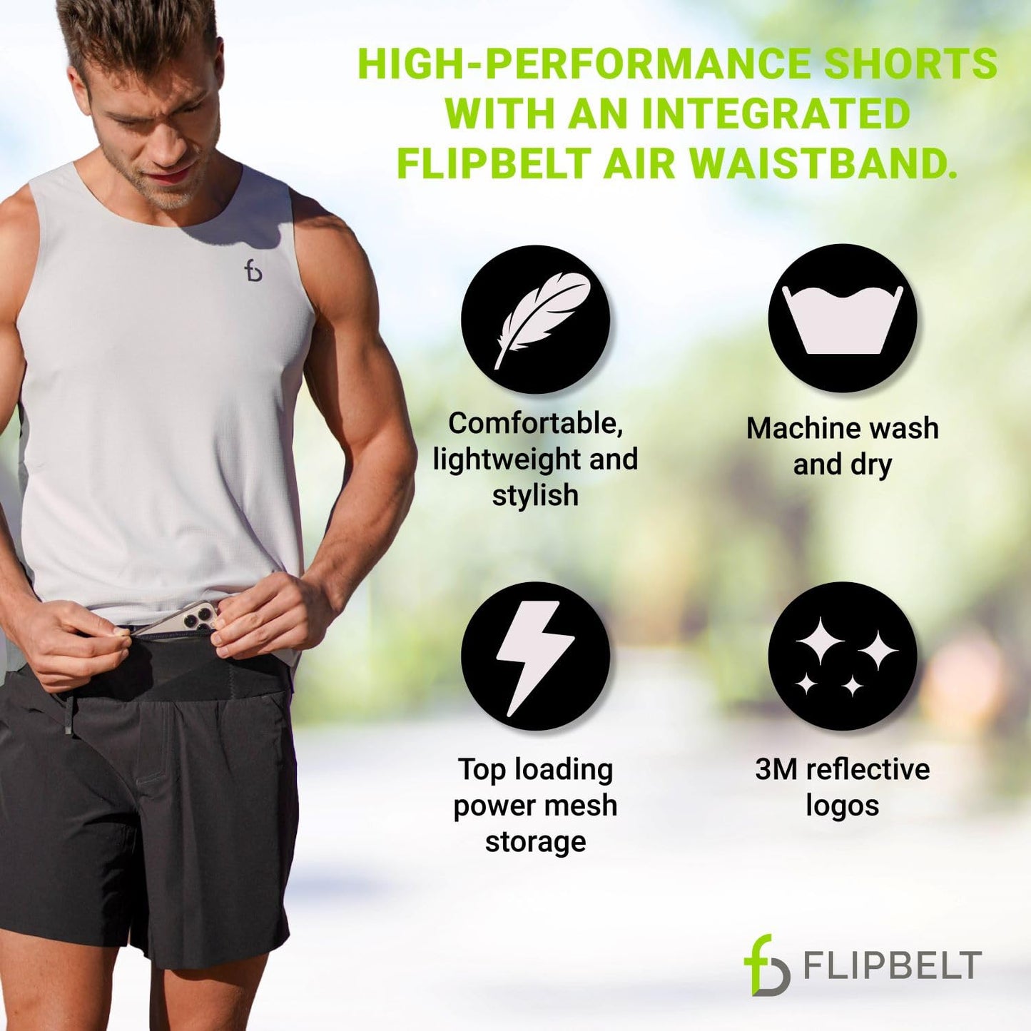 FlipBelt Black Athletic Running Shorts for Men, Lightweight Moisture Wicking Exercise Shorts with Reflective Logo and 7” Pockets, Integrated Air Belt Waistband, XS-XL