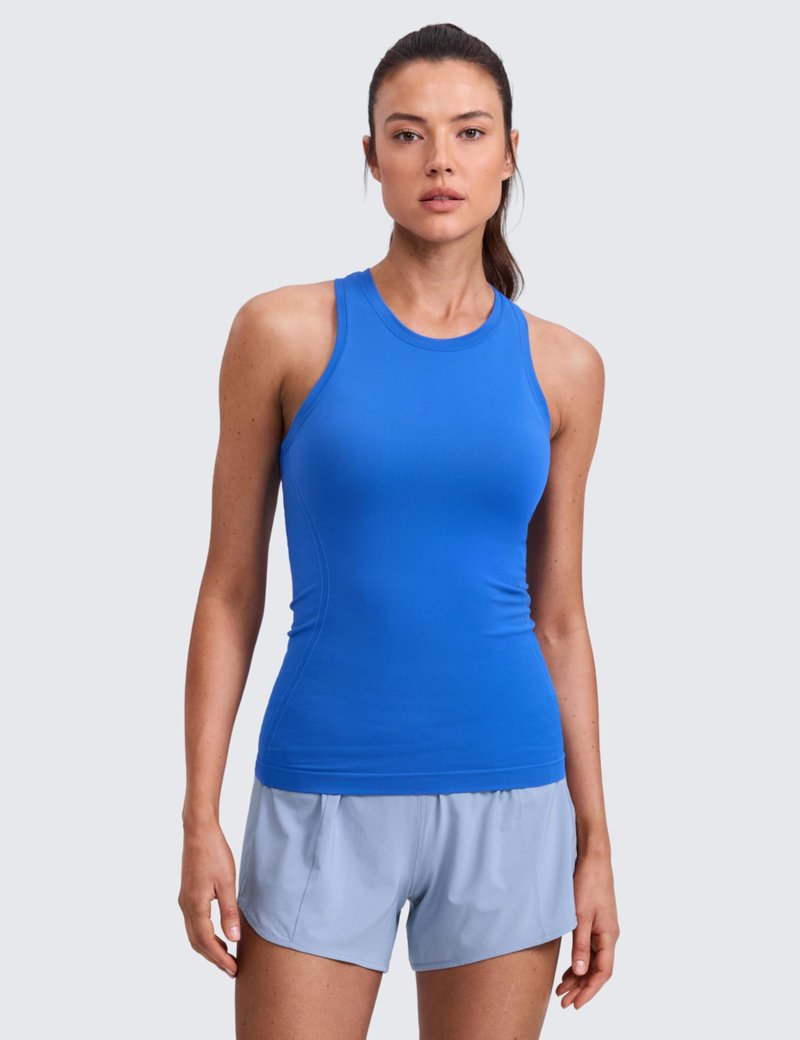 CRZ YOGA Seamless Workout Tank Tops for Women Hip Length - Athletic Running Gym Sleeveless Shirts Racerback Crewneck Sparkle Blue Medium