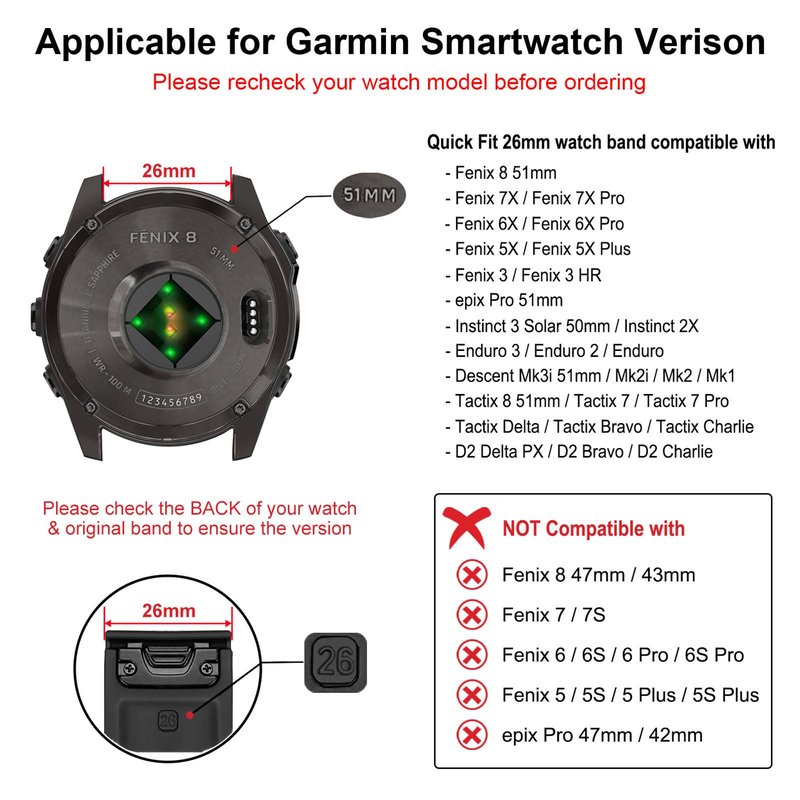 Dhwazz Men's Band for Fenix 8 51mm / 7X / 6X Pro / 5X Plus, 26mm Quick Fit Strap Genuine Leather Bands for Garmin Instinct 3 Solar 50mm / Epix Pro 51mm