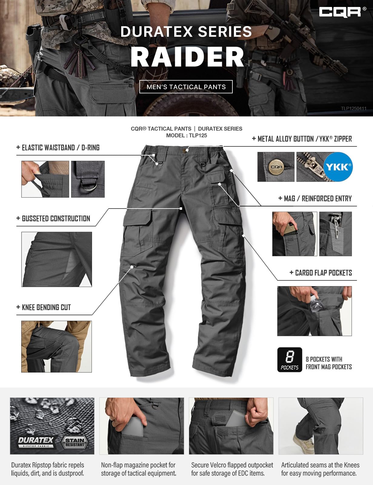 CQR Men's Tactical Pants, Water Resistant Ripstop Cargo Pants, Lightweight EDC Work Hiking Pants, Outdoor Apparel, Duratex Mag Pocket Charcoal, 42W x 30L