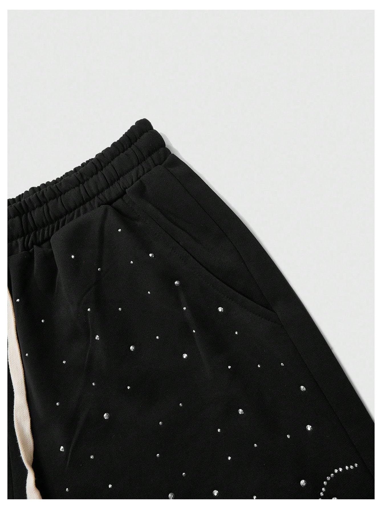 BEAUDRM Men's Rhinestone Baggy Sweatpants Y2k Drawstring Waist Wide Leg Track Pants Streetwear with Pockets Black Large